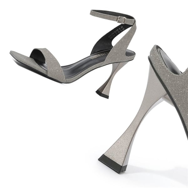 Square Toe Ankle Strap Stiletto Sandals  - SILVER GRAY - 3